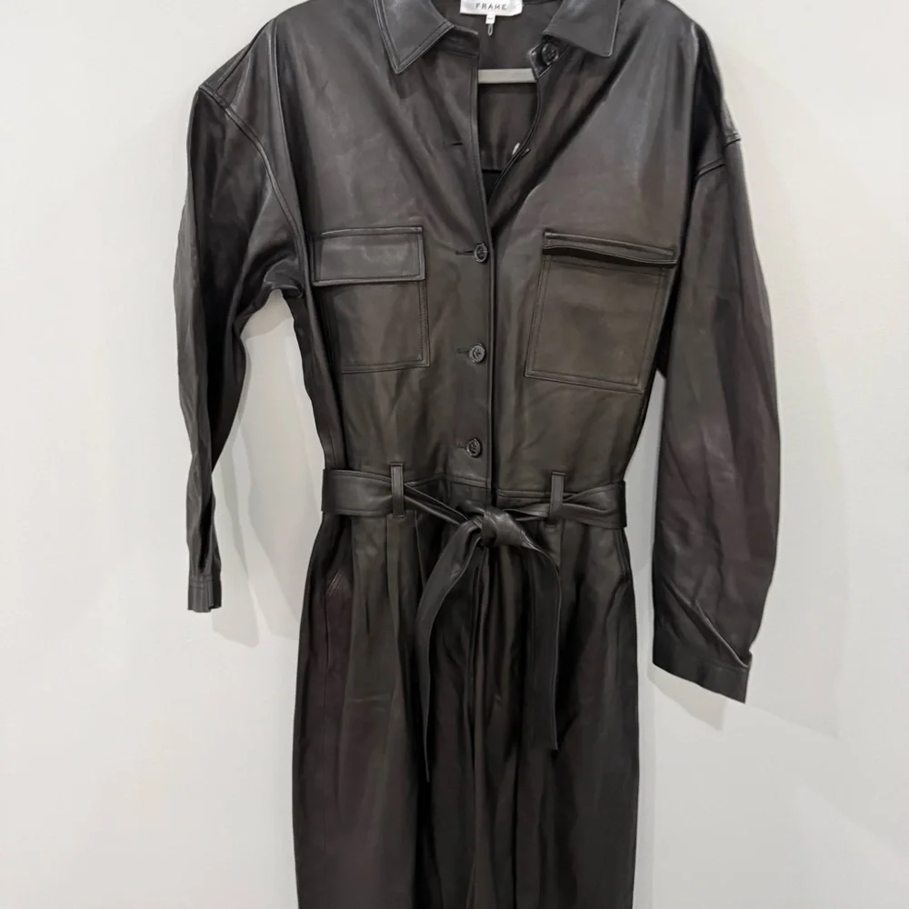 Frame Jumpsuit Belted Lamb Leather in Black